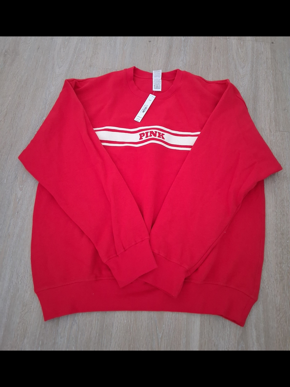 PINK Red Sweatshirt with Cream Stripe Detail - Picture 5 of 7